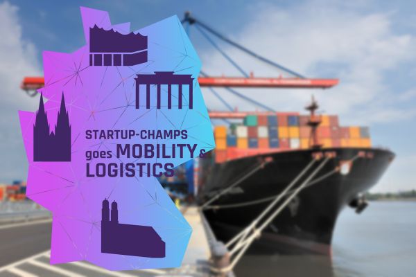 Startup-Champs Logo with containership in the background